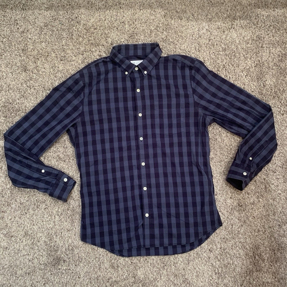 Gap Button Down Shirt Mens Medium Blue Plaid Long Sleeve‎ Slim Fit Performance